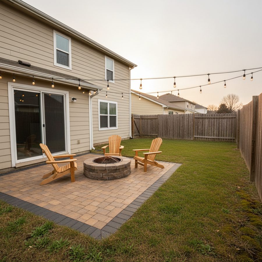Same backyard rendered finished: paver patio, fire pit, Adirondack chairs and string lights at dusk