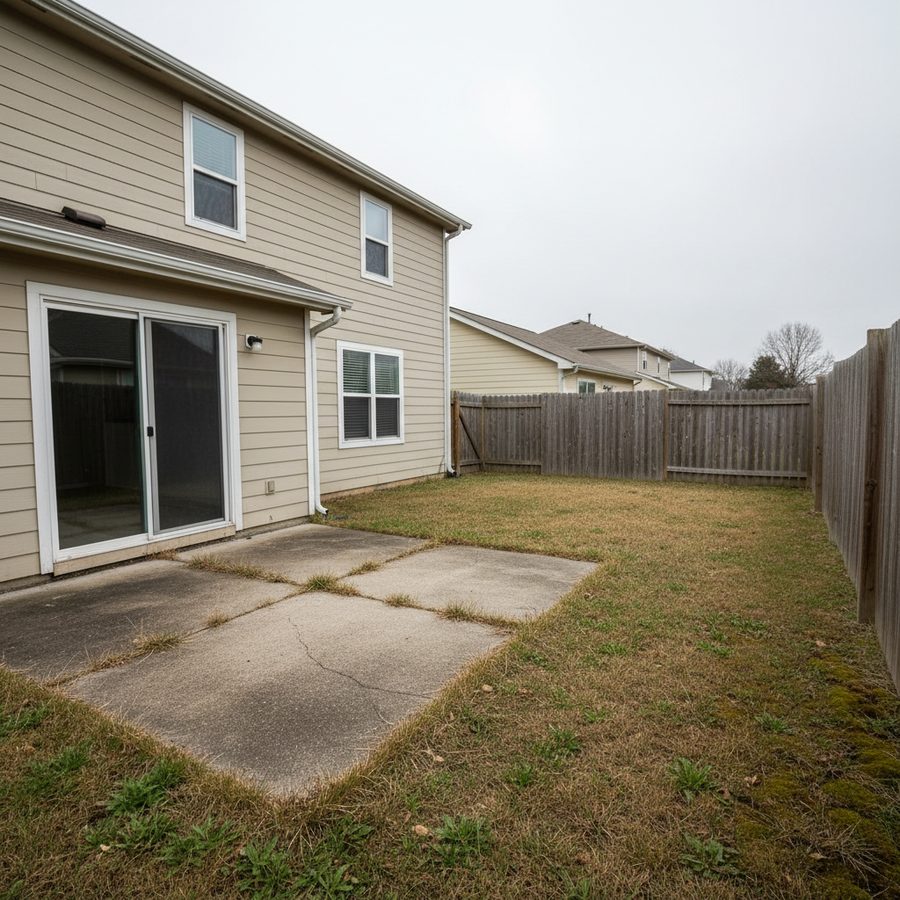 Backyard before: cracked concrete slab and patchy lawn